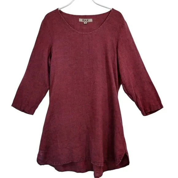 FLAX Tunic Top 3/4 Sleeve Round Neck Popover Maroon Wine Color Womens size P - Picture 10 of 10